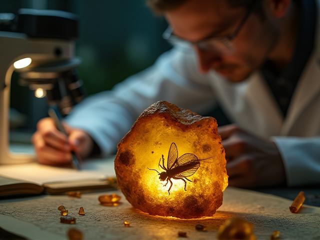 Chercheur examinant des fossiles d'insectes disparus