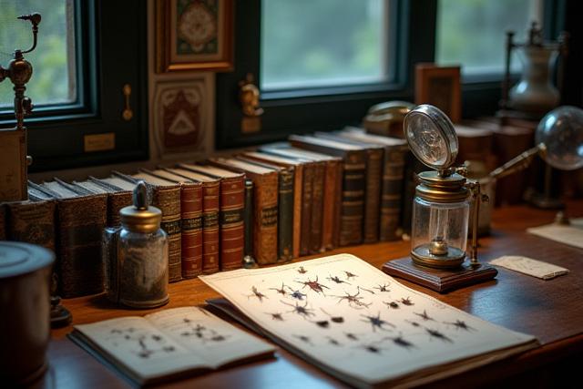 Anciens livres d'entomologie et spécimens d'insectes sous verre, évoquant un laboratoire d'archivage historique.